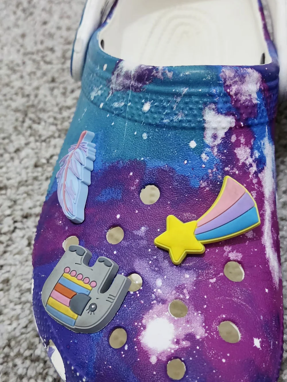 CROCS Kids Galaxy Print Clogs in Purple and Blue with Space Charms